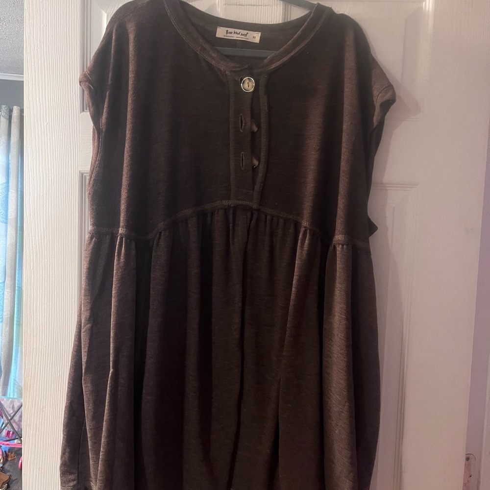 Three Bird Nest Brown Midi Dress with Button Placket